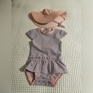 Ruffle Butts Purple Seersucker and pink hat